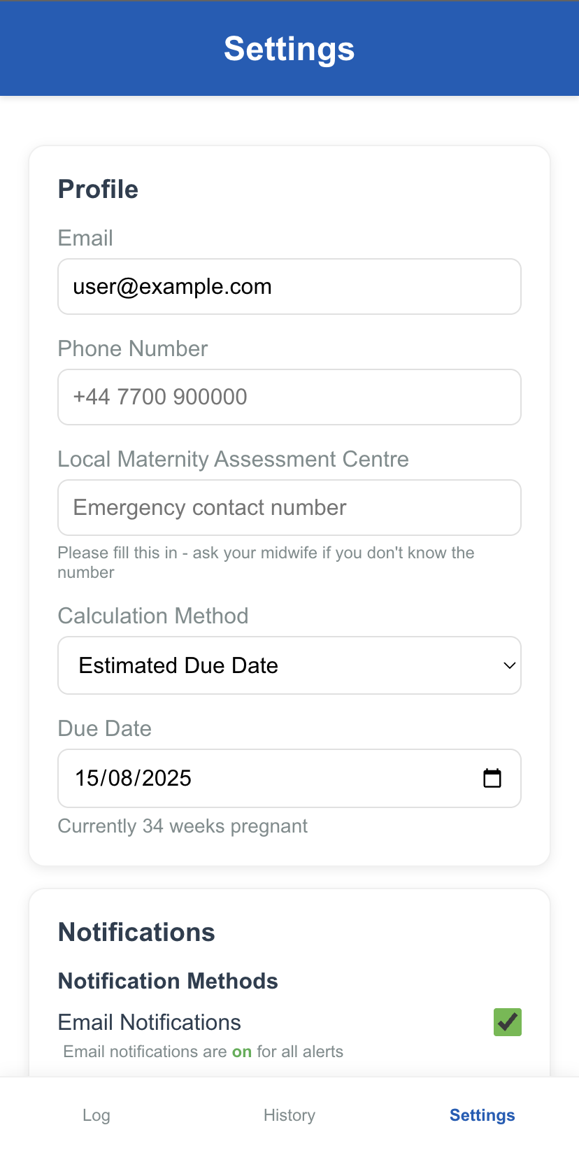 Prototype screen showing user profile and notification settings.